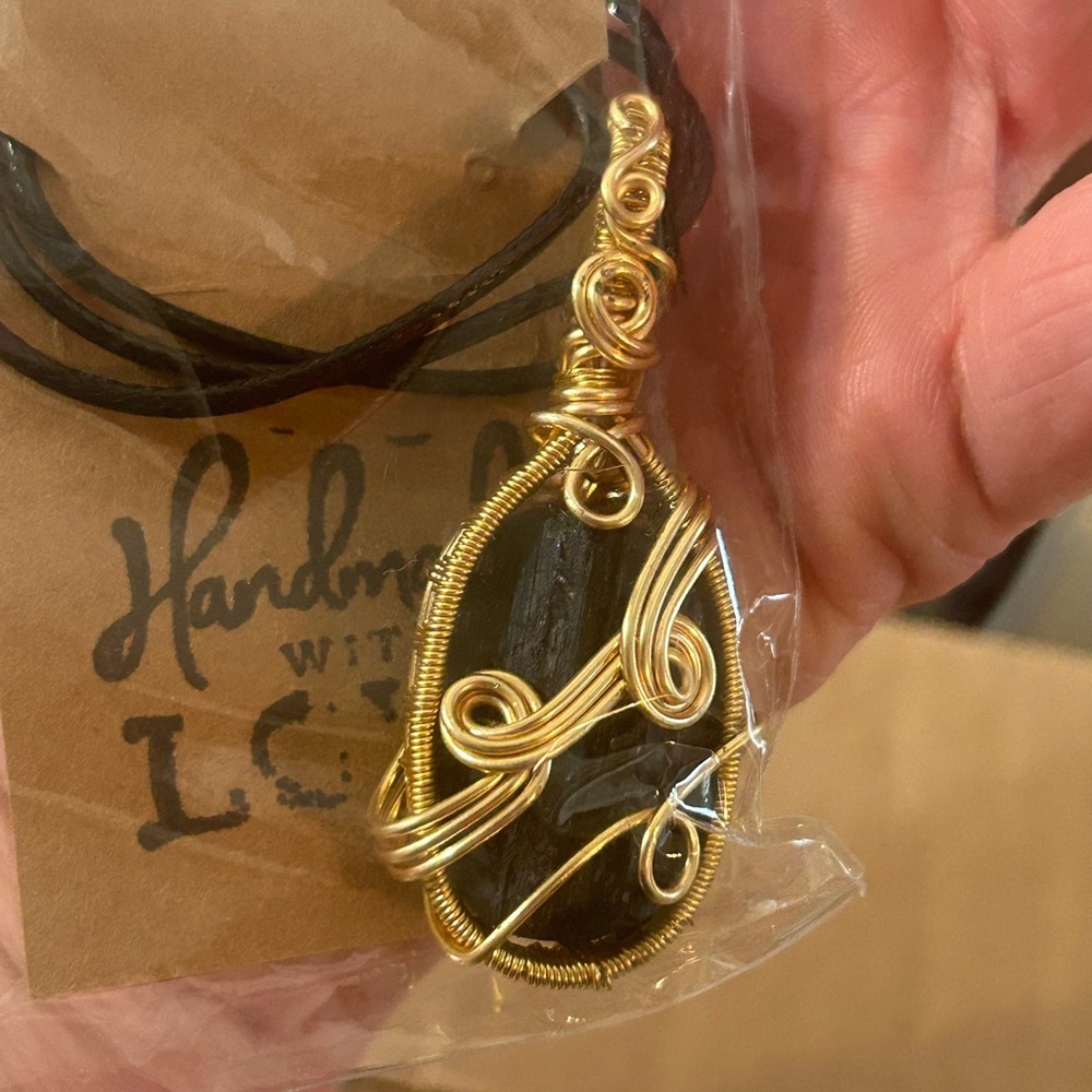 Handmade Gold Wire-Wrapped Black Stone Pendant Necklace